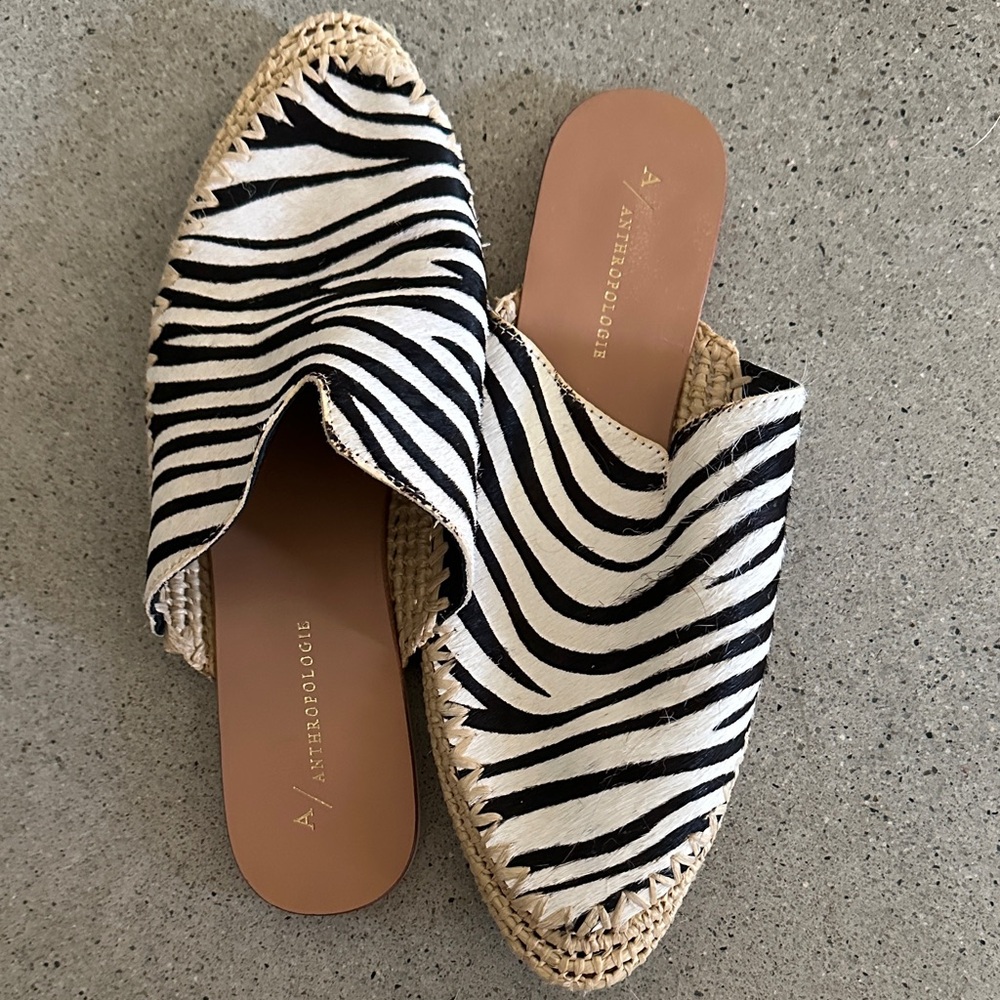 Anthropologie Kirke Raffia Black and White Zebra Mules